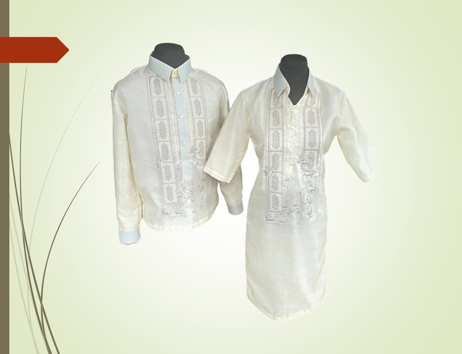 Pinya Organza - Blue Couple Embroidered Barong & Blouse with Skirt