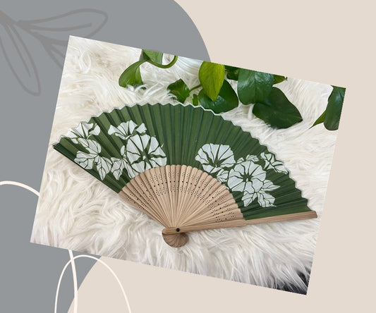 Folding Fan - Wooden Green Flower